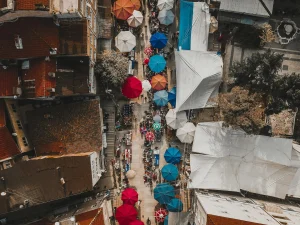 City Skyline Market Colorful Buildings Street Art